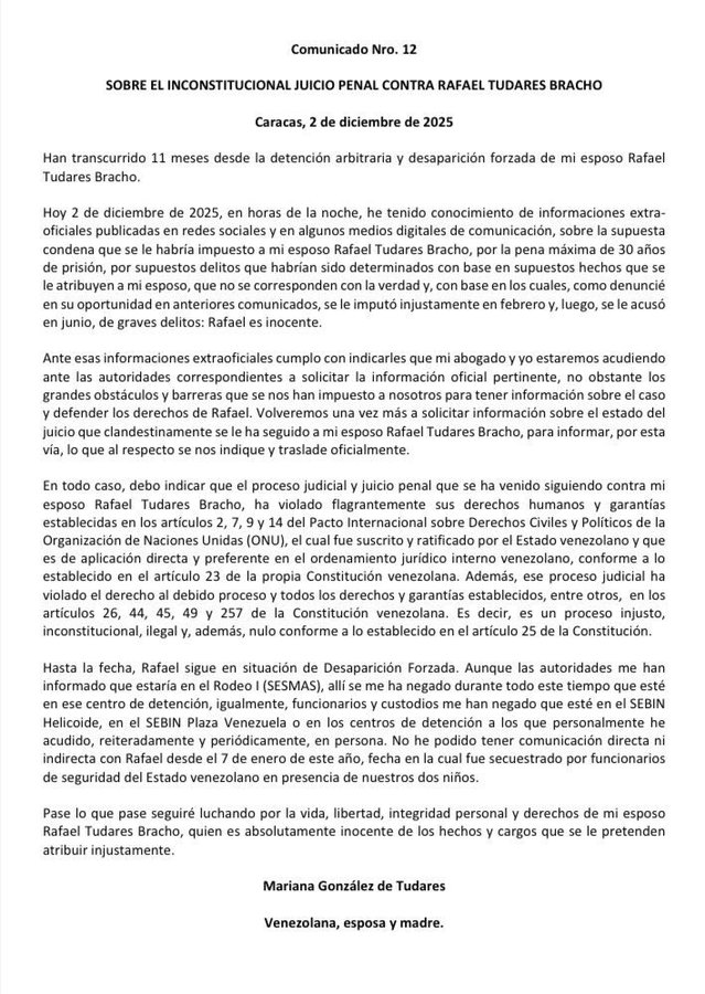 denuncia esposa de Rafael Tudares