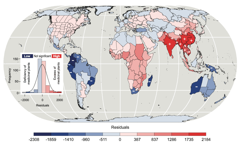 Mapa global de lugares con plantas medicinales. Las regiones de África y el Sudeste Asiático son las que concentran la mayor cantidad de plantas medicinales.