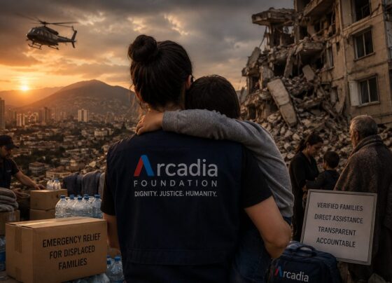 Arcadia Foundation humanitarian campaign image showing direct assistance to displaced Venezuelan families after the earthquakes.