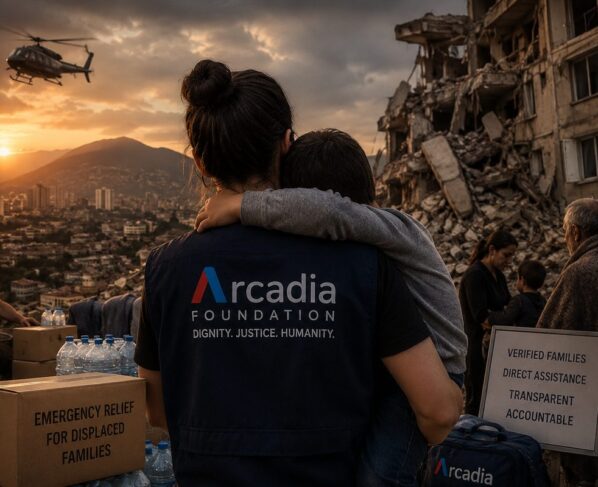 Arcadia Foundation humanitarian campaign image showing direct assistance to displaced Venezuelan families after the earthquakes.